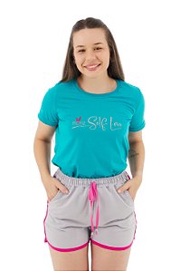 Conjunto Verão Feminino Camiseta Azul More Self  Shorts Gelo P ao GG