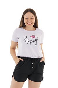 Conjunto Verão Feminino Camiseta Branco Happy Shorts Preto P ao GG