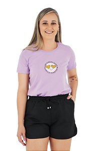 Conjunto Verão Feminino Camiseta lilás Emoji Shorts Preto P ao GG