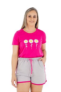 Conjunto Verão Feminino Camiseta Pink Margaridas  Shorts Gelo P ao GG