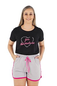Conjunto Verão Feminino Camiseta Preta Adventure  Shorts Gelo P ao GG