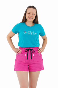 Conjunto Verão Feminino Camiseta Azul More Self  Shorts Pink P ao GG