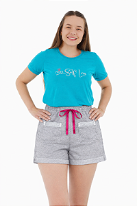 Conjunto Verão Feminino Camiseta Azul More Self  Shorts Mescla P ao GG