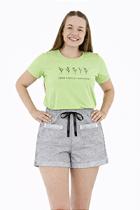 Conjunto Verão Feminino Camiseta Pistache Grow  Shorts Mescla P ao GG