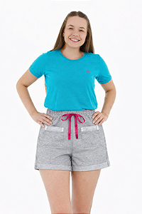 Conjunto Verão Feminino Camiseta Azul Piscina Logo Shorts Mescla P ao GG