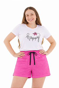 Conjunto Verão Feminino Camiseta Branco Happy Shorts Pink P ao GG