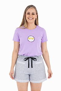 Conjunto Verão Feminino Camiseta lilás Emoji Shorts Mescla P ao GG