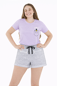 Conjunto Verão Feminino Camiseta Lilás Abelha Shorts Mescla P ao GG