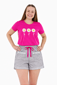 Conjunto Verão Feminino Camiseta Pink Margaridas  Shorts Mescla P ao GG