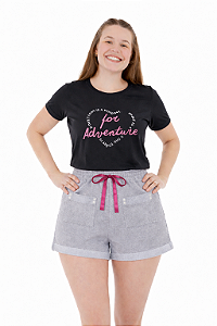 Conjunto Verão Feminino Camiseta Preta Adventure Shorts Mescla P ao GG