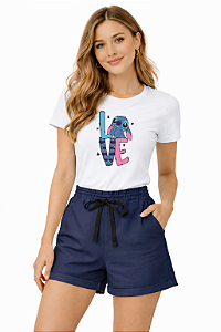 Conjunto Verão Feminino Camiseta Branca Stitch Shorts Azul Marinho P ao GG