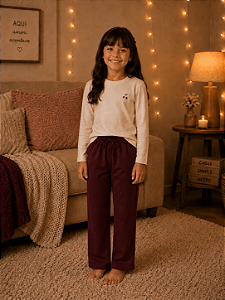 Pijama Infantil Feminino Longo Cereja Off White e Bordô