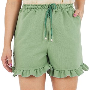 Shorts feminino moletom verde sálvia babado