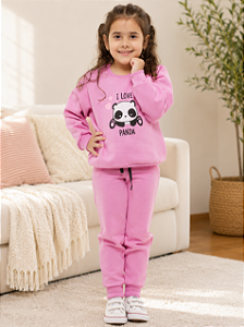 Conjunto Infantil Feminino Rosa I Love Panda em Moletom Peluciado