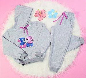 Conjunto Infantil Feminino Love Stitch Mescla com Capuz em Moletom Peluciado