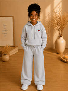 Conjunto Infantil Feminino Mescla com Capuz e Calça Pantalona