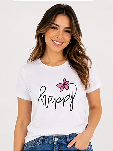 Camiseta Feminina Happy Branca 100% Algodão