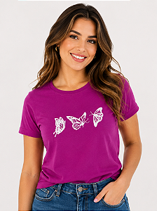 Camiseta Feminina Borboletas Fúcsia 100% Algodão