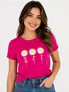 Camiseta Feminina Pink Margaridas Faith Hope Love