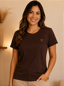 Camiseta Feminina Marrom Bordada Coração 100% Algodão