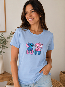 Camiseta Feminina Stitch e Angel Love Azul Bebê