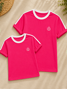 Kit Camiseta Mãe e Filha Pink com Faixa Branca em Algodão