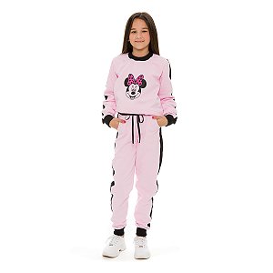 Conjunto de Moletom Peluciado Infantil Minnie Rosa com Recortes Preto