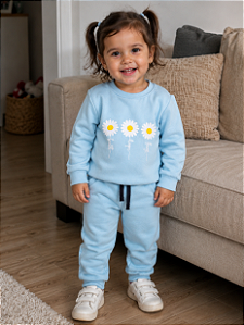 Conjunto de Moletom Peluciado Infantil Margaridas Azul Bebê