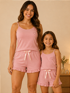 Pijama Mãe e Filha de Alça com Shorts Rosa Coração regatinha babadinho