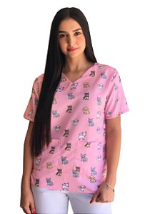 Camisa Pijama Cirúrgico Rosa Veterinária - Cachorrinhos