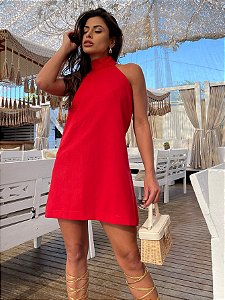 Vestido Curto Linho Costa Nua Feminino Vermelho