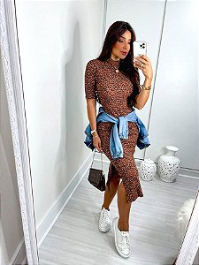 Vestido Midi Gola Alta Animal Print