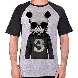 CAMISETA MESCLA CINZA COM MANGA PRETA NERDERIA e LOJARIA caveira urso CINZA