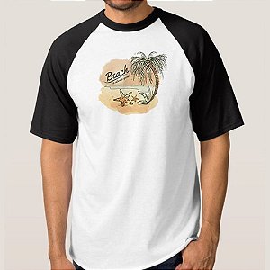 CAMISETA BRANCA COM MANGA PRETA NERDERIA e LOJARIA beach BRANCA