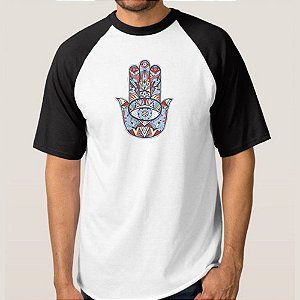 CAMISETA BRANCA COM MANGA PRETA NERDERIA e LOJARIA hamsa1 BRANCA