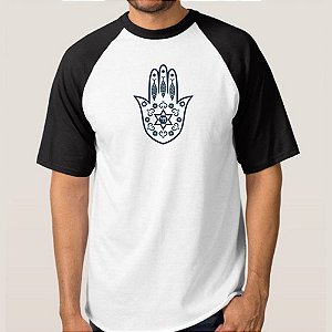 CAMISETA BRANCA COM MANGA PRETA NERDERIA e LOJARIA hamsa7 BRANCA