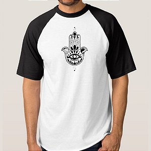 CAMISETA BRANCA COM MANGA PRETA NERDERIA e LOJARIA hamsa5 BRANCA