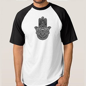 CAMISETA BRANCA COM MANGA PRETA NERDERIA e LOJARIA hamsa4 BRANCA