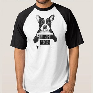 CAMISETA BRANCA COM MANGA PRETA NERDERIA e LOJARIA dog placa BRANCA