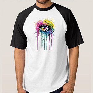 CAMISETA BRANCA COM MANGA PRETA NERDERIA e LOJARIA olho aquarela BRANCA