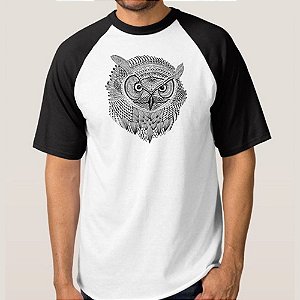 CAMISETA BRANCA COM MANGA PRETA NERDERIA e LOJARIA coruja3 BRANCA