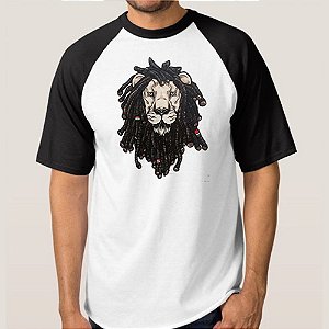 CAMISETA BRANCA COM MANGA PRETA NERDERIA e LOJARIA leao dread BRANCA