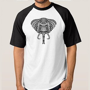 CAMISETA BRANCA COM MANGA PRETA NERDERIA e LOJARIA elefante geometrico BRANCA