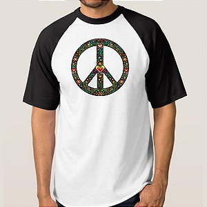 CAMISETA BRANCA COM MANGA PRETA NERDERIA e LOJARIA paz BRANCA