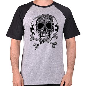 CAMISETA MESCLA CINZA COM MANGA PRETA NERDERIA e LOJARIA caveira musica CINZA