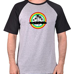 CAMISETA MESCLA CINZA COM MANGA PRETA NERDERIA e LOJARIA coqueiros CINZA