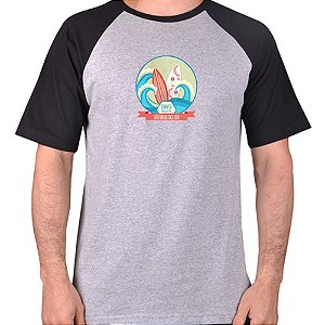 CAMISETA MESCLA CINZA COM MANGA PRETA NERDERIA e LOJARIA surfing CINZA