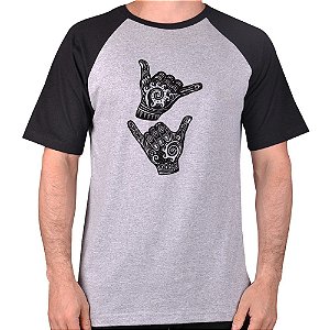 CAMISETA MESCLA CINZA COM MANGA PRETA NERDERIA e LOJARIA sinais CINZA