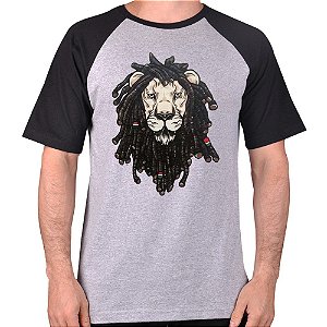 CAMISETA MESCLA CINZA COM MANGA PRETA NERDERIA e LOJARIA leao dread CINZA