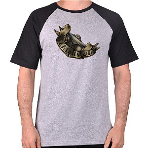 CAMISETA MESCLA CINZA COM MANGA PRETA NERDERIA e LOJARIA  truck sk8 CINZA